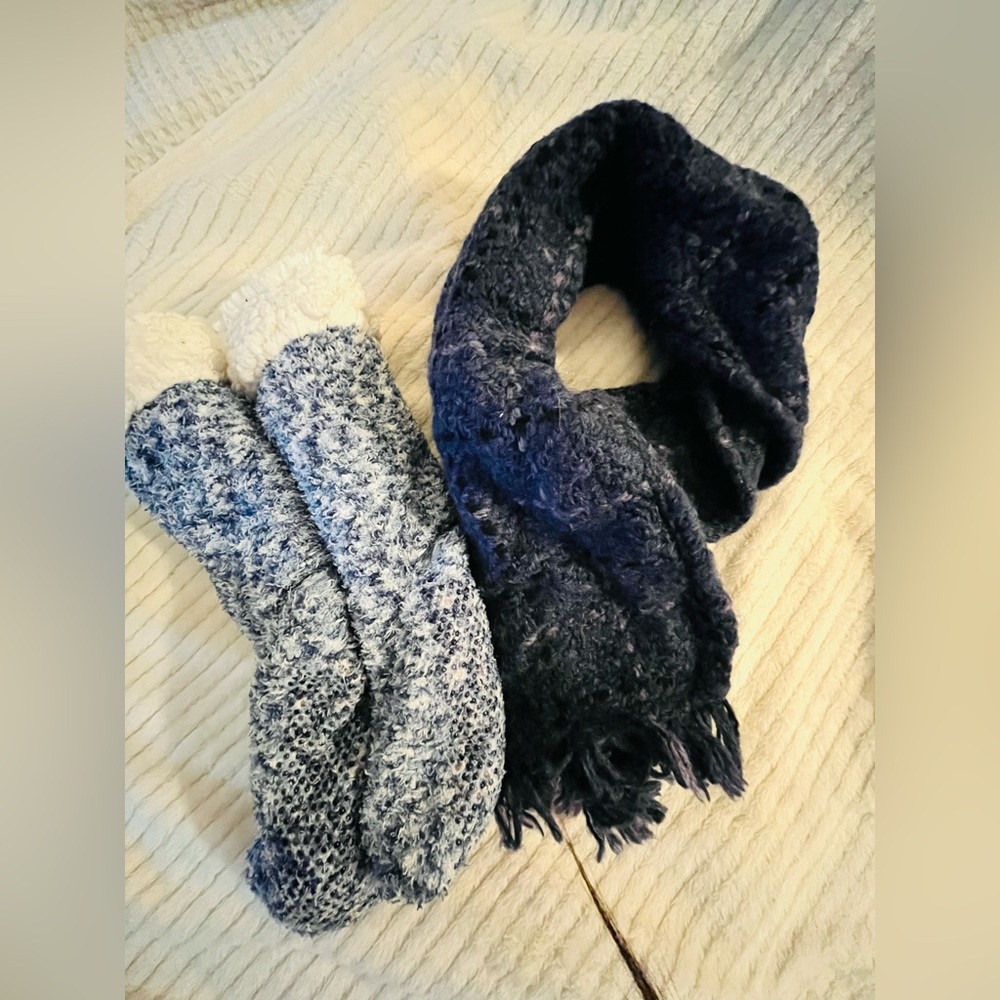 Cozy Blue and White Knit Scarf and Socks Set